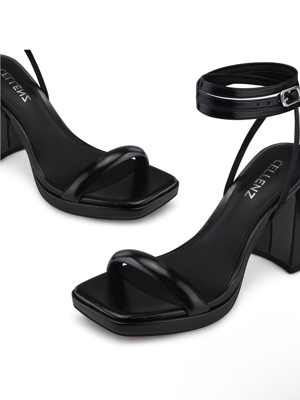 Cellenz Black Square-Toe Block Heel Sandals with Ankle Strap